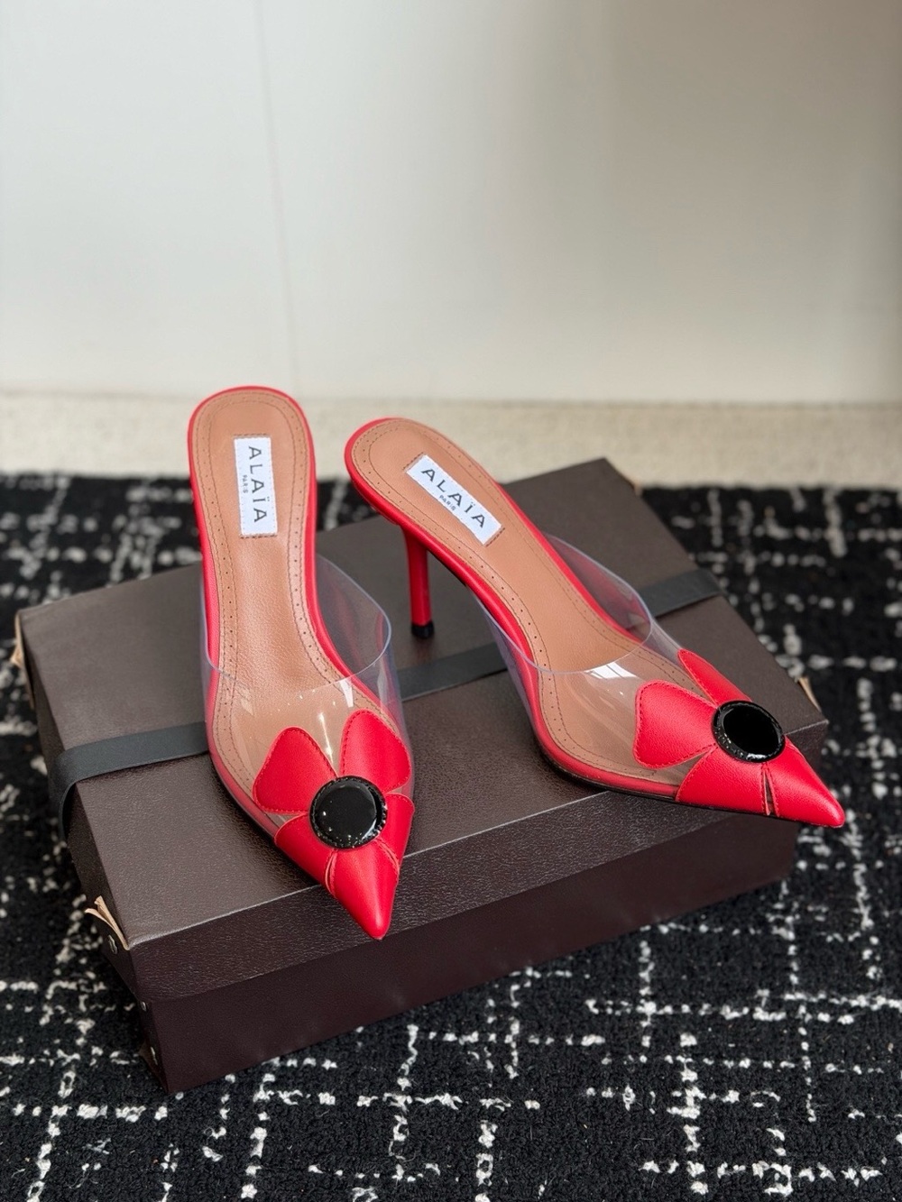 Alaia Red Pointed PVC Mule Sandals with Black Button